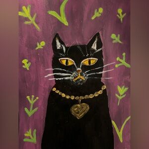 Original art abstract Black Cat Portrait with Gold heart locket